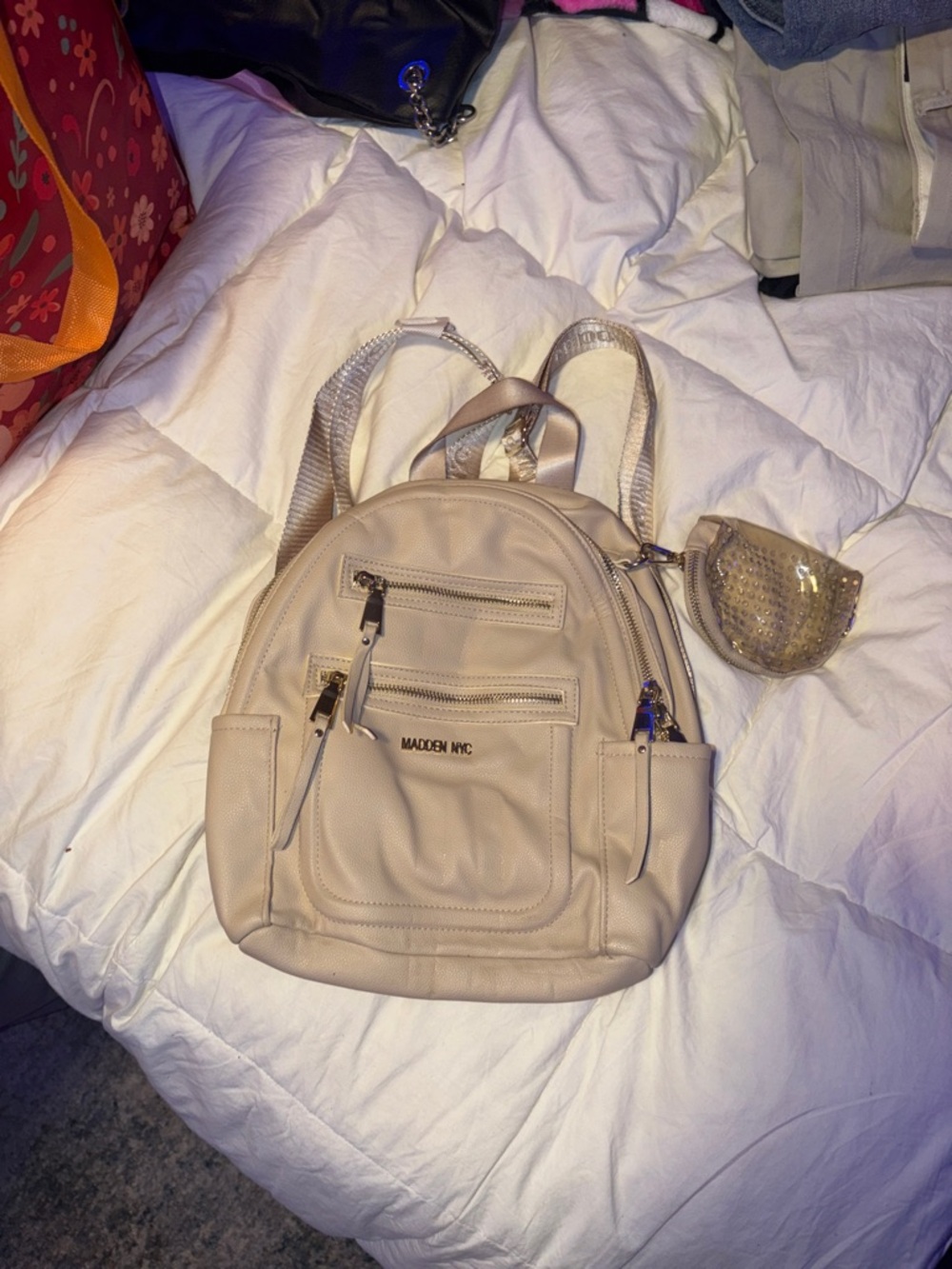 Steve Madden Beige Mini Backpack with Front Pockets